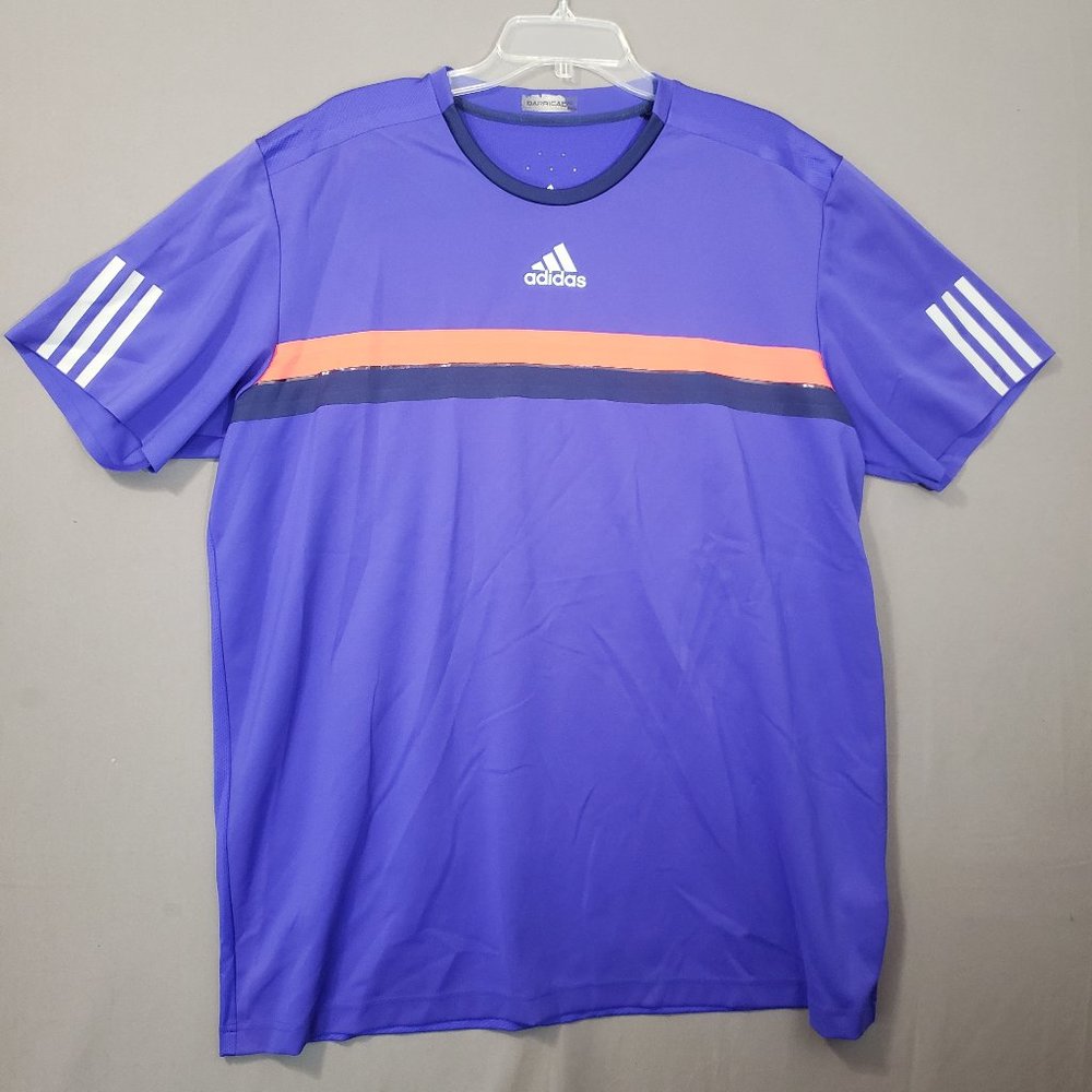 Adidas Men's Purple Tee with Orange and Black Stripes